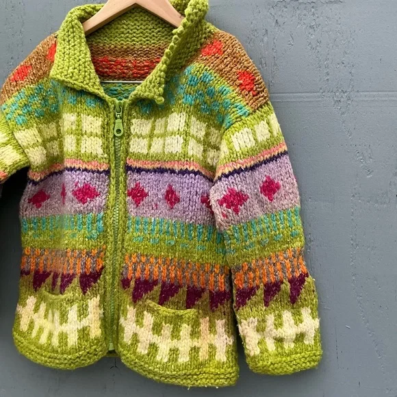 Vintage Chunky knite Cardigan Sweaters Colorful Knit Zip-Up Sweater Kids Unisex - Picture 2 of 5